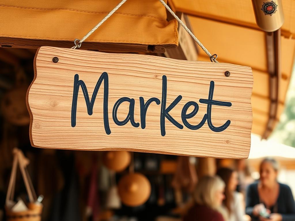 Handgeschriebenes Marktschild an einem Handwerkerstand